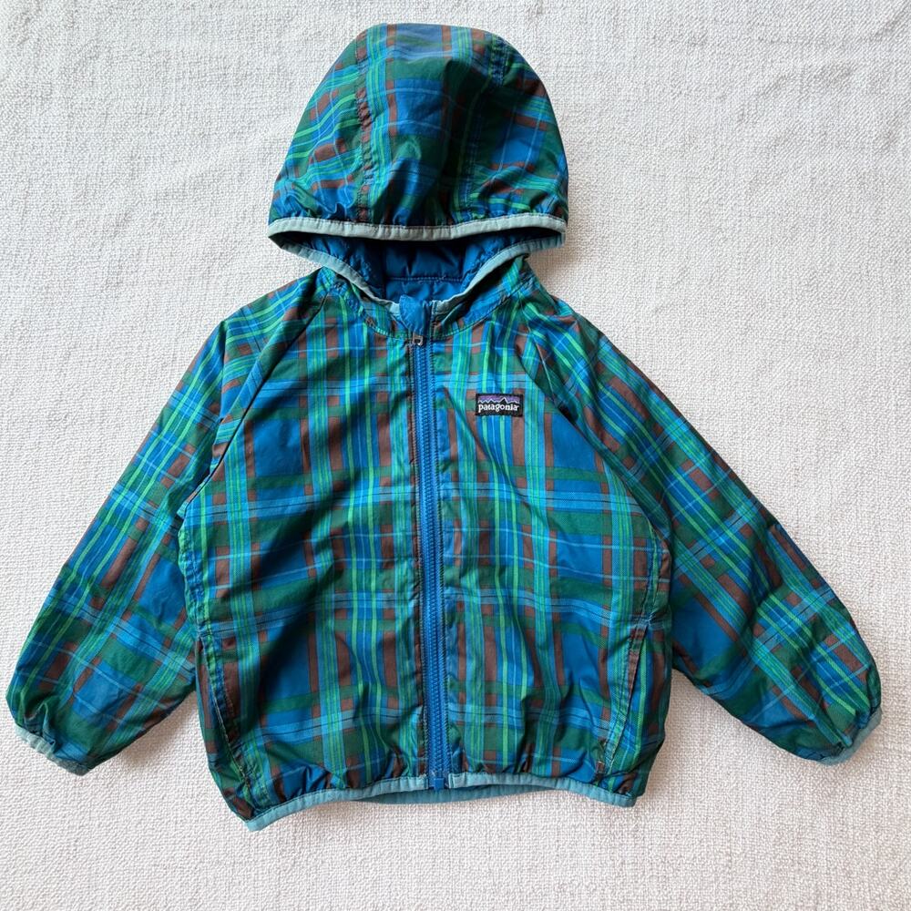 Patagonia Baby Reversible Puff-Ball Jacket Green/Blue Plaid GUC 2T